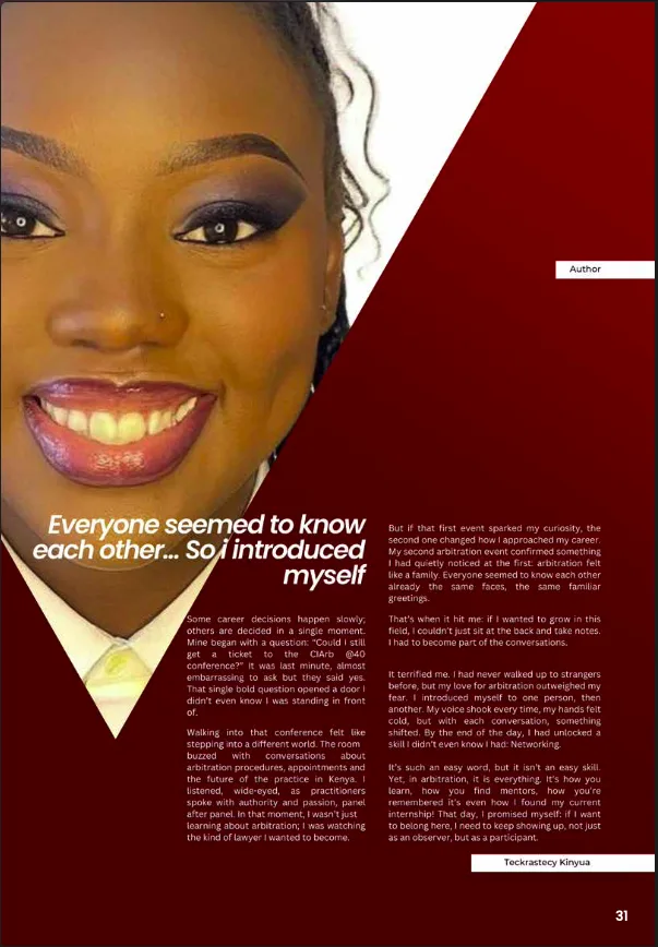 ADR Compass feature highlighting Teckrastecy Wairimu Kinyua and her arbitration journey